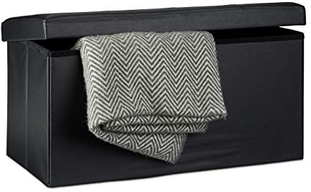 Relaxdays hopfällbar förvaringsbänk stor säte, fuskläder, 38 x 78 x 38 cm, vikbar fotpall ottoman med avtagbart lock, svart