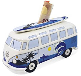 BRISA VW Collection - Volkswagen Salvadanaio in Ceramica con tavola da Surf, per Risparmiare Monete e Banconote, VW Bus T1 Design (Surf/Blu)