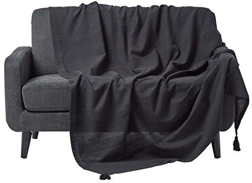 Homescapes Wohndecke Rajput schwarz – leichte Baumwolldecke 150x200 cm, Tagesdecke aus 100% Baumwolle, Sofaüberwurf handgewebt mit Streifenstruktur, Couch-Überwurf mit Quasten, Oeko-Tex