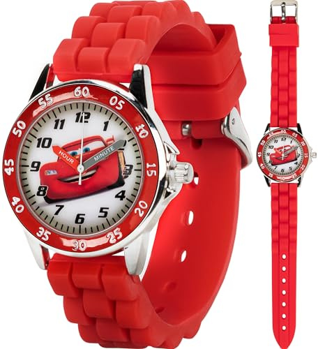 Disney Pixar Cars Kids' Time-Teaching Watch – Lightning McQueen Design with Red Silicone Strap, Easy-to-Read Dial, and Adjustable Fit for Wrists 5.5 to 8