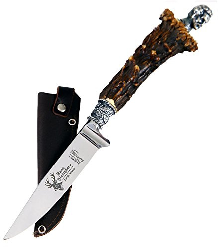 Almbock Trachtenmesser König Ludwig- handgeschmiedete Klinge aus Solingen, ausgefallenes Design, Rehkronen-Griff, versilberter Kopf, für Lederhose Jagdmesser