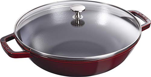 STAUB Wok en Fonte avec Couvercle en Verre et Grille Amovible Inclus, Ø 30 cm, 4,40 L, Grenadine