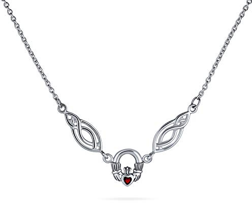 Bling Jewelry Collier Irlandais Traditionnel Simulée Rouge Grenat Cubic Zirconia Bff Celtique Friendship Heart Trinité Love Knot Claddagh Collar Statement For Women .925 Argent Sterling