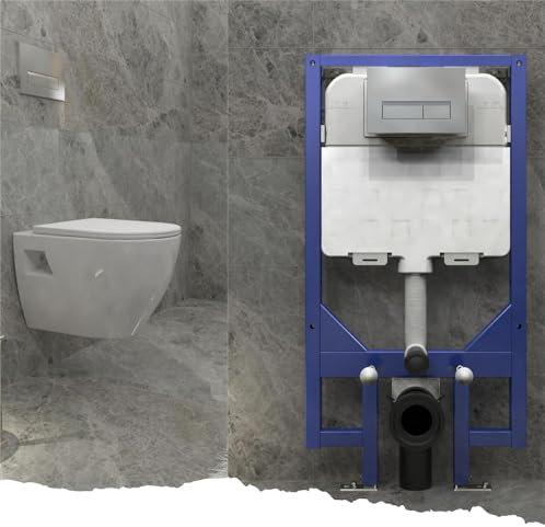 Biubiubath Modern Bathroom Round Ceramic Wall Hung Toilet UF Slim Soft Close Seat with 1.14M Concealed Cistern Frame Set & Rectangular Sliver Dual Flush Plate