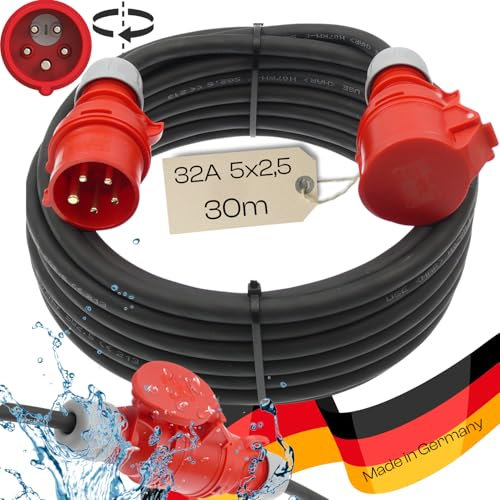 netbote24 Starkstromkabel 32A 30m mit Phasenwender H07RN-F 5x2,5 Starkstrom Verlängerungskabel CEE Verlängerung 32 Ampere Kabel 5x2,5mm2 Baustelle Werkstatt Industrie Geeignet Outdoor IP44