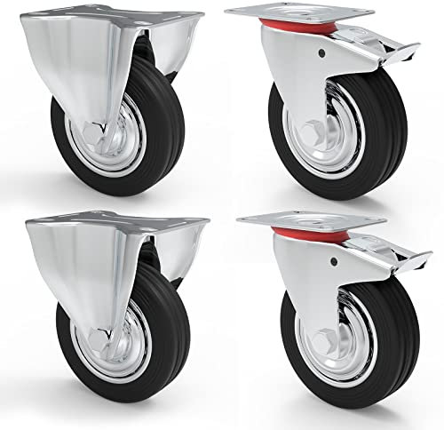 Roulettes de transport Poids Lourds Roulettes 4 stück| 2 x roulettes fixes et 2 x Roulette Avec Frein | 75 mm jusqu'à 200 mm de diamètre – Caoutchouc Noir – Entièrement en caoutchouc avec jante en acier, Ø 200 mm