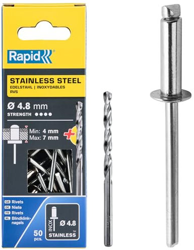 Rapid Blindnieten Edelstahl Ø 4,8mm, 4-7mm Klemmbereich, 50 Stk. V2A Nieten, Set inkl. Bohrer, für Blindnietzangen
