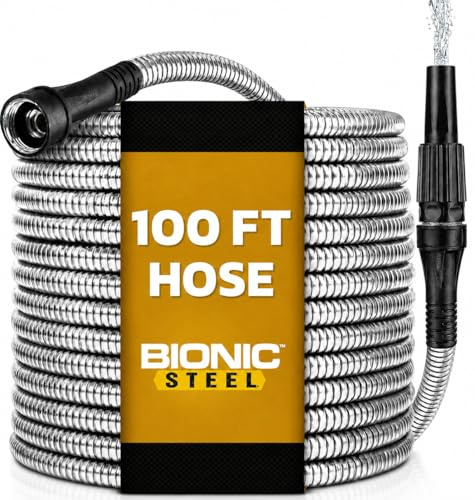 BIONIC STEEL Tuyau d'arrosage de 100 pieds, tuyau d'eau en métal en acier inoxydable 304 de 100 pieds, tuyau flexible, sans nœuds, ultra léger et durable, résistant à l'écrasement,500 PSI