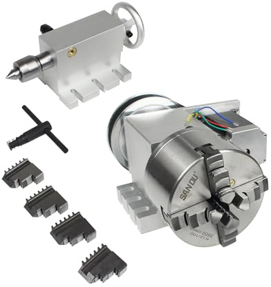 CNCTOPBAOS K12-100mm CNC Router Milling Machine Rotational Axis A 4th Axis Rotary Table 100mm 4 Jaw Chuck Dividing Head,MT2 65mm Tailstock Reducing Ratio 6:1 for CNC Engraving Machine