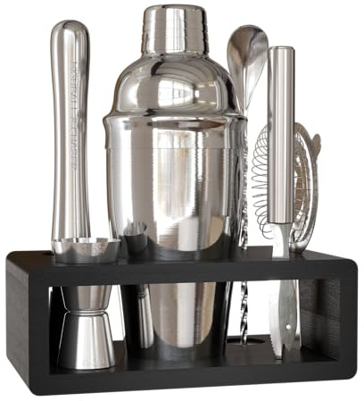 Highball & Chaser Kit de barman Elite avec support en bambou élégant-Magnifique shaker à cocktail en acier inoxydable. Ensemble de bar pour bars à domicile, de boissons pour fêtes (18 fl oz, argent)