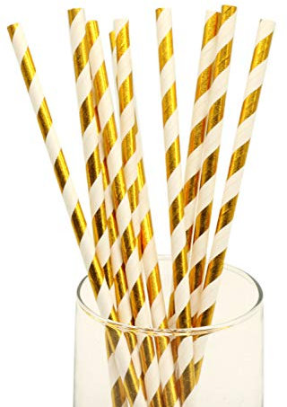 Fancy Paper Drinking Straws 100 Pcs Bulk Biodegradable Plastic Free Straws for Parties, Baby Birthdays, Weddings Party, DIY Decorations, Valentines, in Bright Color Striped (Gold with White Stips)