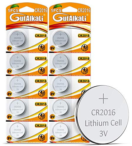 GutAlkaLi CR2016 3V Lithium Coin Cell Battery 10 Pack Mercury-free, Long Life Strong Power 3 Volt Lithium Flat Batteries for electronic devices; Watch, household ítems, car remote key