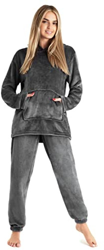 CityComfort Pyjamas för kvinnor, varm fleece, set med pyjamas med huva för kvinnor, S-XL, Skimmer Charcoal, L