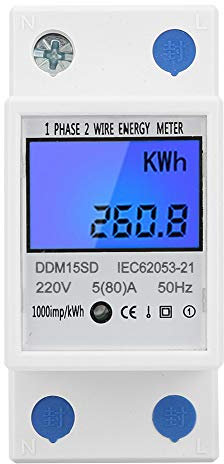 Tyenaza Contador de Energía Digital, DDM15SD Medidor de Energía Multifunción Monofásico de 2P con Pantalla LCD Retroiluminada de 5-80 A, Carril DIN de 35 mm, para Doméstico/Industrial(8,6x4,2x7,2cm)