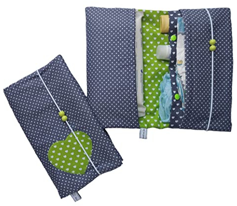 die-kreative-fee Handmade Windeltasche Stoff 4 Fächer Windelorganizer | mit Elastikkordel, geöffnet ca. 33x27 cm, ideal für unterwegs, Herzapplikation auf grauen Pünktchen