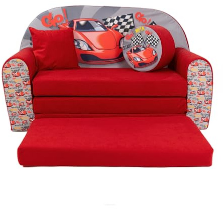 FORTISLINE Kindersofa XXL 2-Sitzer ausklappbar - Kindercouch mit Hocker und Kissen, Kinderzimmer Sofa mit Liegefläche bis 160 cm, Oeko-TEX, hergestellt in der EU, Racing Car