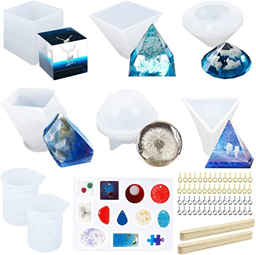 UGBO Stampi per Resina Epossidica Kit di Stampi in Silicone in Resina Stampo Include Sfera Cubo Piramide Cono Pietra Diamante Stampi per Gioielli Ciondolo 7 Pz