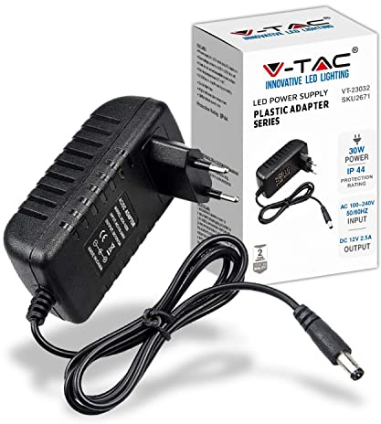 V-TAC 12 V 30W 2,5A strömadapter för kameror, LED-remsor, modem - 12 V laddningstransformator - 2 stift EU-kontakt för elektronisk utrustning - AC 100-240V 50/60Hz USB - svart