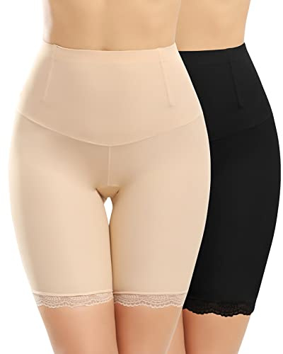 Xnova Damen Bauchweg Unterhose Miederpants Miederhose Shapewear, Anti-Chafing Spitzen Shorts Hipster Panty, Unter Rock Kurz Hose Blickdicht (2 Stück schwarz, hautfarben, XL)