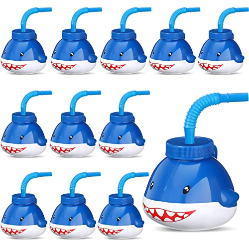 Zubebe 12 Pcs Shark Party Cups 10 oz Shark Party Decorations Plastic Drink Sippy Cups with Straws Lids Reusable Kid Birthday Favors Supplies for Boy Girl Ocean Animal Baby Shower Summer Beach Themed