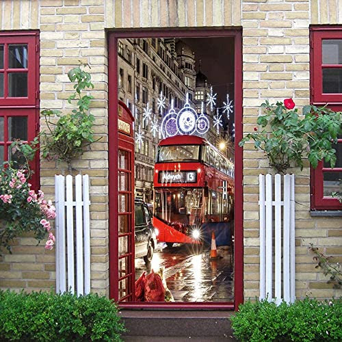 Türtapete Selbstklebend Straße Roter Bus 90 X 210 Cm Türaufkleber 3D Türposter Selbstklebend Wandbild Fototapete Türfolie Poster Tapete - Kinderzimmer Wohnzimmer Küche Schlafzimmer Tür Fotos