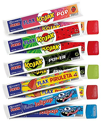 100 x Flashes Fiesta Surtido Cia&Co (100x70 ml) - Incluye 20 Polines de cada sabor; Piruletas de Cereza, Kojak Pop Fresa, ChupaChups Kojak Sandia, Bebida Energética y Lolipop Pinta Lenguas