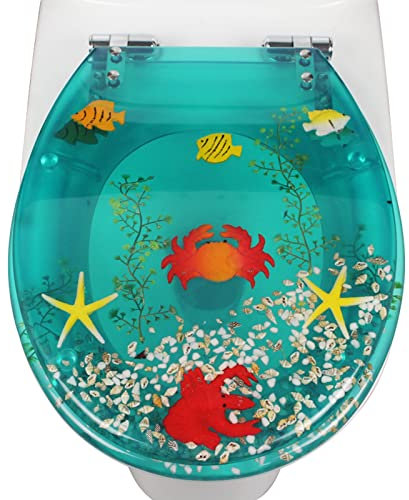 OURECO Abattant Wc Vert U/V/O, Abattant Wc Universel Surface Lisse, Abattant Wc Ovale Fermeture Lente Hippocampe Stéréoscopique 3D, Algue, Étoile de Mer, Ecrevisse, Véritable Coquillage, Facile À Nett