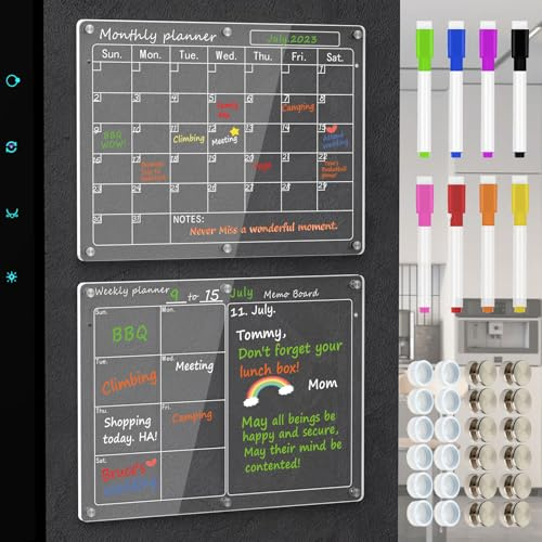 Magnetic Acrylic Calendar for Fridge,2 Pack 11x15 Clear Fridge Calendar Dry Erase Magnetic Planning Boards Set for Refrigerator with 8 Colorful Highlight Markers