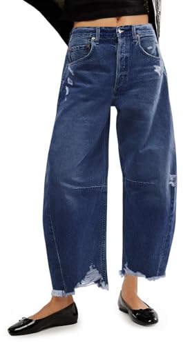 Cicy Bell Women's Baggy Wide Leg Jeans Barrel Horseshoe Boyfriend Cropped Raw Hem Denim Pants, Navy, 10