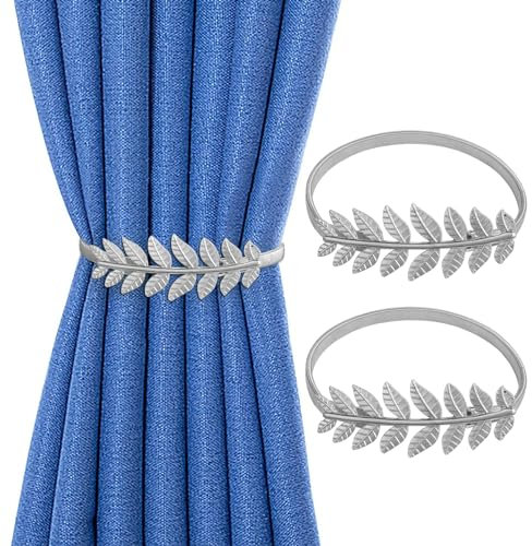 Oemmn Vorhang Raffhalter 2 Stück Verstellbare Gardinenhalter Legierungsfeder Vorhang Raffhalter für Dekoration Zuhause Cafe Büro(Silber Blätter)