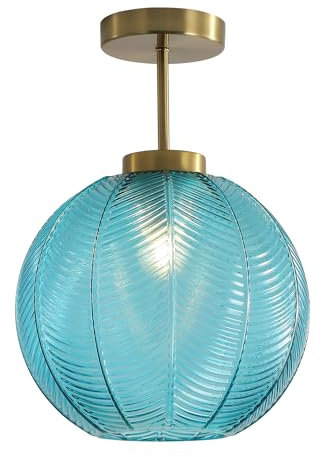 KCO Lighting - Lámpara de techo grande azul de montaje empotrado vintage de vidrio acanalado, lámparas de techo de oro cepillado semiempotrado, lámpara de techo industrial para porche