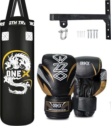 Punch Bag 3FT Heavy Duty Filled Boxing Bag Set Hanging Wall Bracket Punching Gloves MMA Kickboxing Training Muay Thai Karate BJJ Home Gym Fitness Equipment (Black)