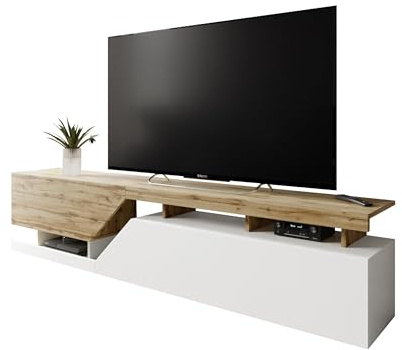 Mirjan24 TV-Lowboard Nesezi 200 mit 2 Klappen (Weiß/Wotan) | TV-Board mit Gasdruckfedern, ABS-Kanten und einer bis zu 20 kg belastbaren Ablagefläche, B/H/T: 200/47/35 cm