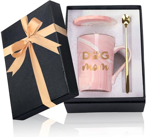Geschenke für MaMa,Tassen mit „Dog Mom“. 400 ml Marmorierter Keramikbecher mit Deckel und Löffel Geschenke für Frauen, Geburtstagsgeschenk für MaMa, Muttertag, Weihnachtsgeschenke