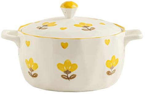 Gaxcent Runde Auflaufformen Aus Keramik Mit Deckel, Ofenfest, Keramik-Kochpfannengriff Mitgelbe Blume 1700 ml,Gelb