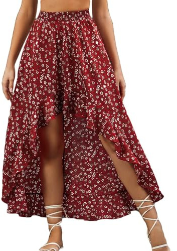 Schmeichelhafter, hoher Taillenrock, stilvolle mehrlagige Röcke, Damen-Sommer-Mode, Blumendruck, plissiert, großer Saum, mittlere Taille, Urlaub, Reisen und Partys, Zeitrock, beleuchteter Tutu-Röcke
