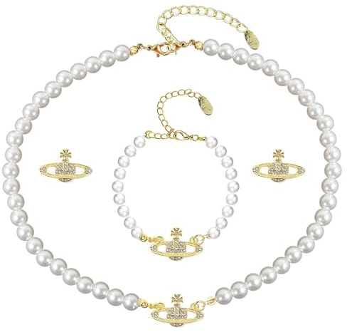 LXYNALI Collar de perlas de Saturno,3 Stück Saturn-perlenkette-set Perlenkette Damen Armband Ohrringe Pearl Planet Necklace para Navidad, Aniversario, Regalos de Cumpleaños para Amigos