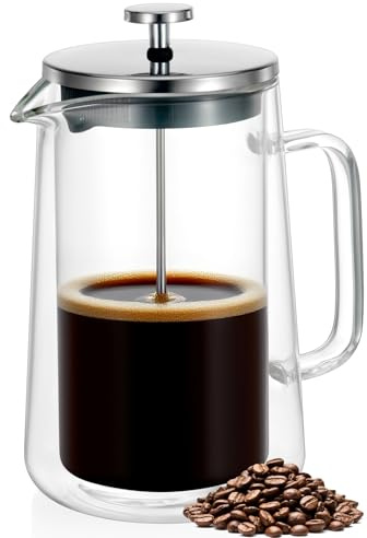 PanSukided French Press Coffee Maker 34Oz (1 Liter), DoubleWall Insulated Borosilicate Glass, Heat-Resistant Design, Stainless Steel Filter for Coffee, Tea & Cold Brew