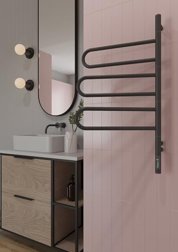 Elna - Scaldasalviette elettrico 90 W, 835 x 460 mm, nero opaco, 3 bracci girevoli, termostato e timer, IP44, montaggio a parete