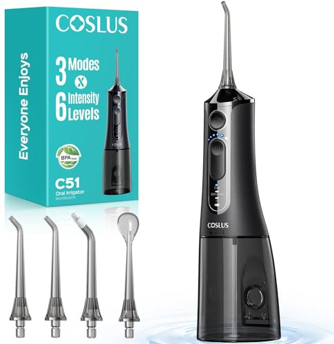 COSLUS C51 Munddusche Elektrische Kabellos Testsieger 2026: 3 Modi und 6 Druckeinstellungen - 300ML irrigator zähne für Oral Health Enthusiasten Benutzer mit empfindlichem Zahnfleisch - Kompakt Reisen