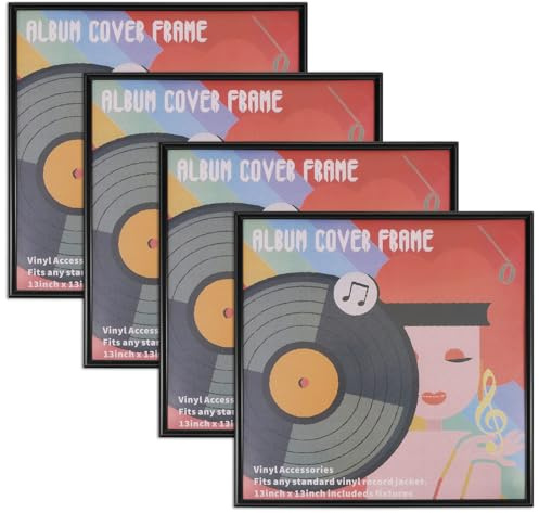 Schallplattenrahmen,4 Stück PVC Schallplatten Rahmen Wand,31,7×31,7 cm,Schwarzer Musikalbenrahmen Schallplatten für Vinyl,Hängende Hardware Installiert,Groß Schallplattenrahmen für Heimdekoration