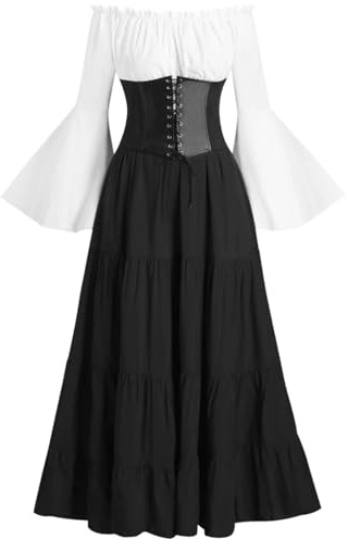 Femme Robe médiévale gothique Palais de la Renaissance Robe de Cérémonie Longue Style Irlandais Robes de Bal 800 Vintage Manches Trompette Maxi Robe de Princesse Costume Corset Halloween, Noir , M