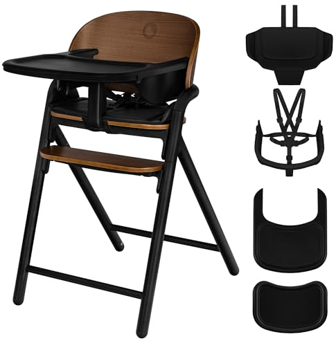LIONELO Celia 3‑i‑1 Barnmatstol i Trä, Växande Hög Barnstol Från 6 Mån, Höjdjusterbar med 5‑Punktsbälte, Fotstöd och Avtagbar Bricka, Ergonomisk Design upp till 110 kg, Svart/Trä