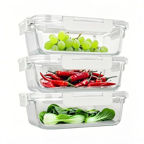 LOFERMA 6-Piece (3-Pack) 1040ml Borosilicate Glass Lunch Box Set with Locking Lids – Microwave/Oven/Dishwasher Safe, Leakproof Meal Prep Containers for Kitchen & Storage (White)