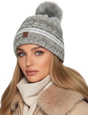 Baesics Bommelmütze Damen Herren - Wintermütze Kunstfell Bommel warm | Mit flauschigem Pompon und weichem Fleecefutter, Größe ca. 54-58 cm, Strick aus der EU. Warm für Herbst, Winter und als