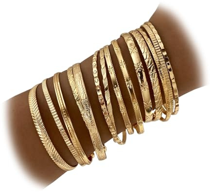 IFKM Gold Bangles Bracelets For Women, 14k Gold Plated Multi Layer Stackable Open Bracelet Set, Elegance Trendy Charms Non Tarnish Minimalist Textured Boho Jewelry Gift for Women