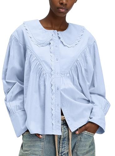 HOCANDY Peter Pan Collar Shirt Women Button Down Blouses Cute Business Casual Long Sleeve Loose Shirred Lace Trim Shirts Blue