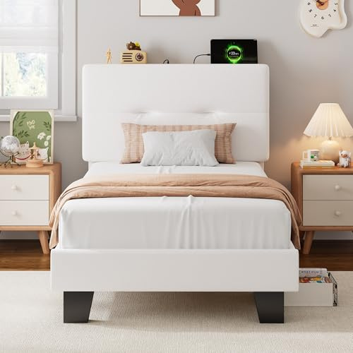 Feonase Single Bed Frame with Charging Station, Velvet Upholstered Platform Bed Frame Single Beds with Storage Headboard, Wooden Slat Support, Noise Free, Easy Assembly, Beige