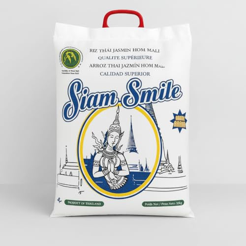 Arroz Thai Jazmín Hom Mali 10kg | Siam Smile | Grano Largo Aromático de Tailandia | Ideal para Currys, Wok y Guarniciones