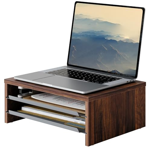 Fenge Monitorständer, 36.4cm, 2 Metall-Schubladen, für Laptop PC, Braun | Handyhalterung, 3-Stufig, Bis 25kg, Rutschfeste Füße, Rand Gegen Herunterfallen, Bildschirm Drucker Schreibtisch Büro Zuhause